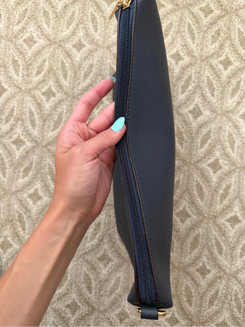 Navy Blue Leather Logo Cosmetic Pouch